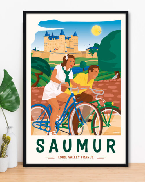 Affiche Saumur Loire Valley - Château - Vélo vintage